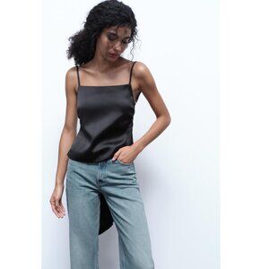Zara Black Satin Effect Open Back with a Bow Sleeveless Top! Size XS
